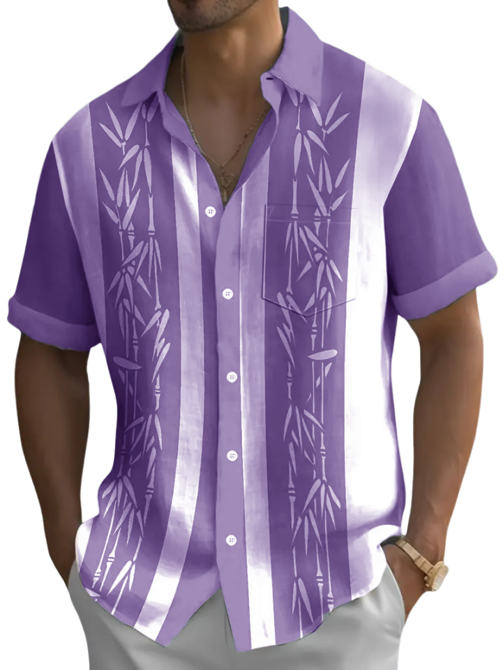 Men's Hawaiian Bamboo Print Pocket Short Sleeve Shirt