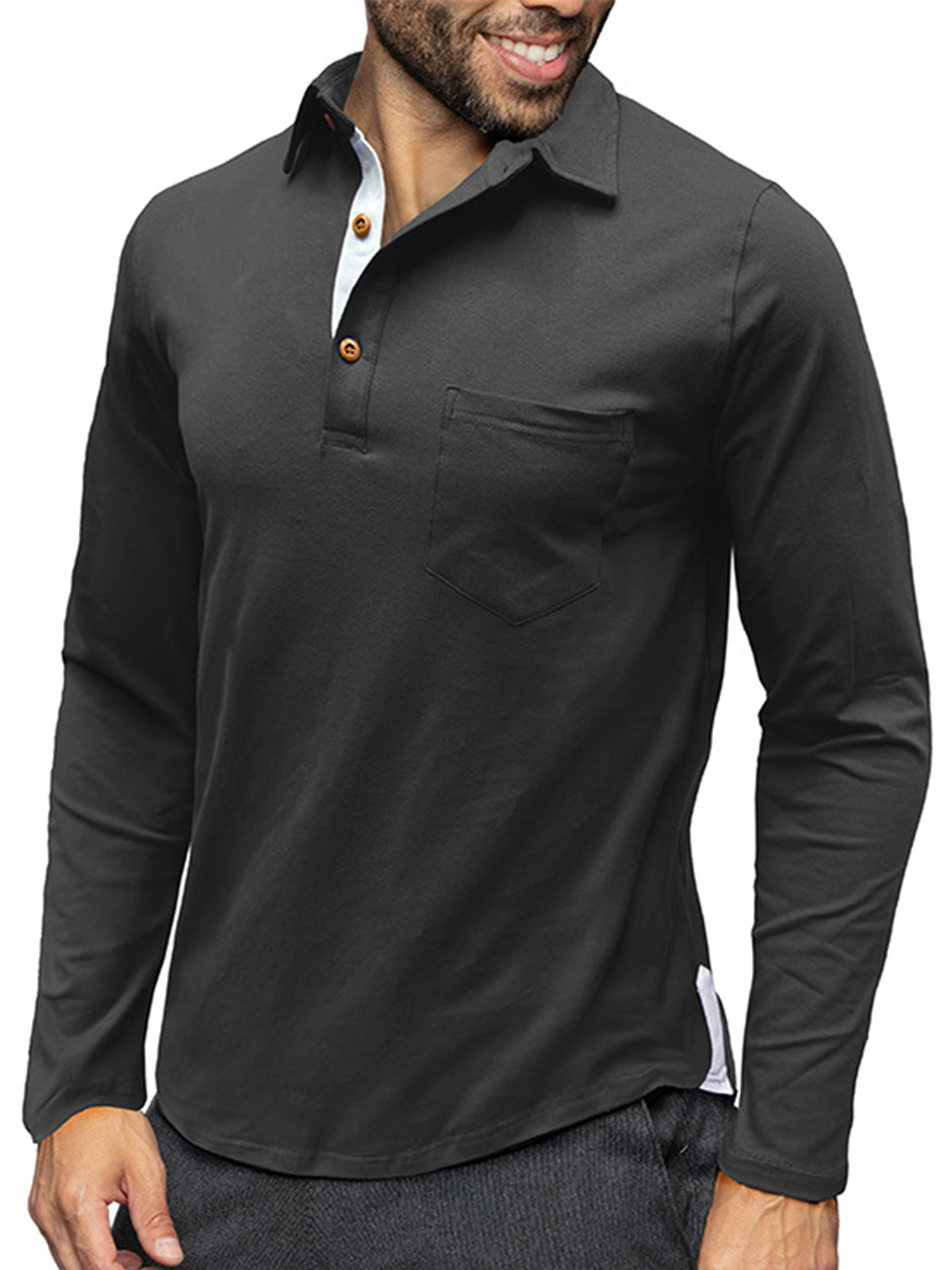 Men's Pure Cotton Lapel Casual Solid Color Pocket Long Sleeve POLO Shirt