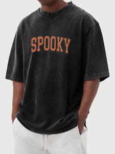 Men's Retro Washed Halloween SPOOKY Print Solid Color Short Sleeve T-Shirt