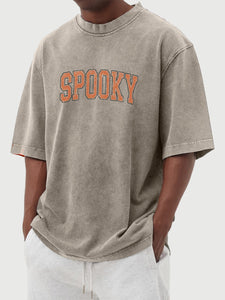 Men's Retro Washed Halloween SPOOKY Print Solid Color Short Sleeve T-Shirt