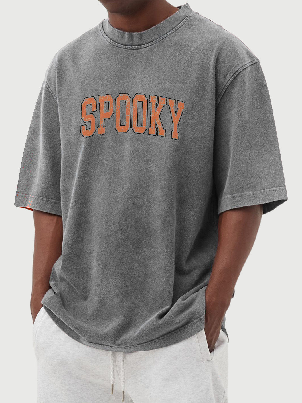 Men's Retro Washed Halloween SPOOKY Print Solid Color Short Sleeve T-Shirt