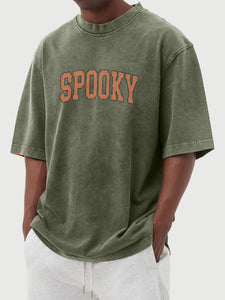 Men's Retro Washed Halloween SPOOKY Print Solid Color Short Sleeve T-Shirt