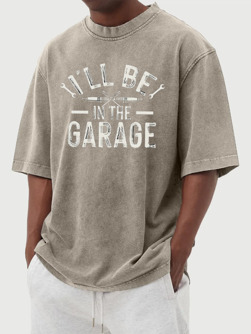 "I'll Be In The Garage" printed vintage washed crew neck T-shirt