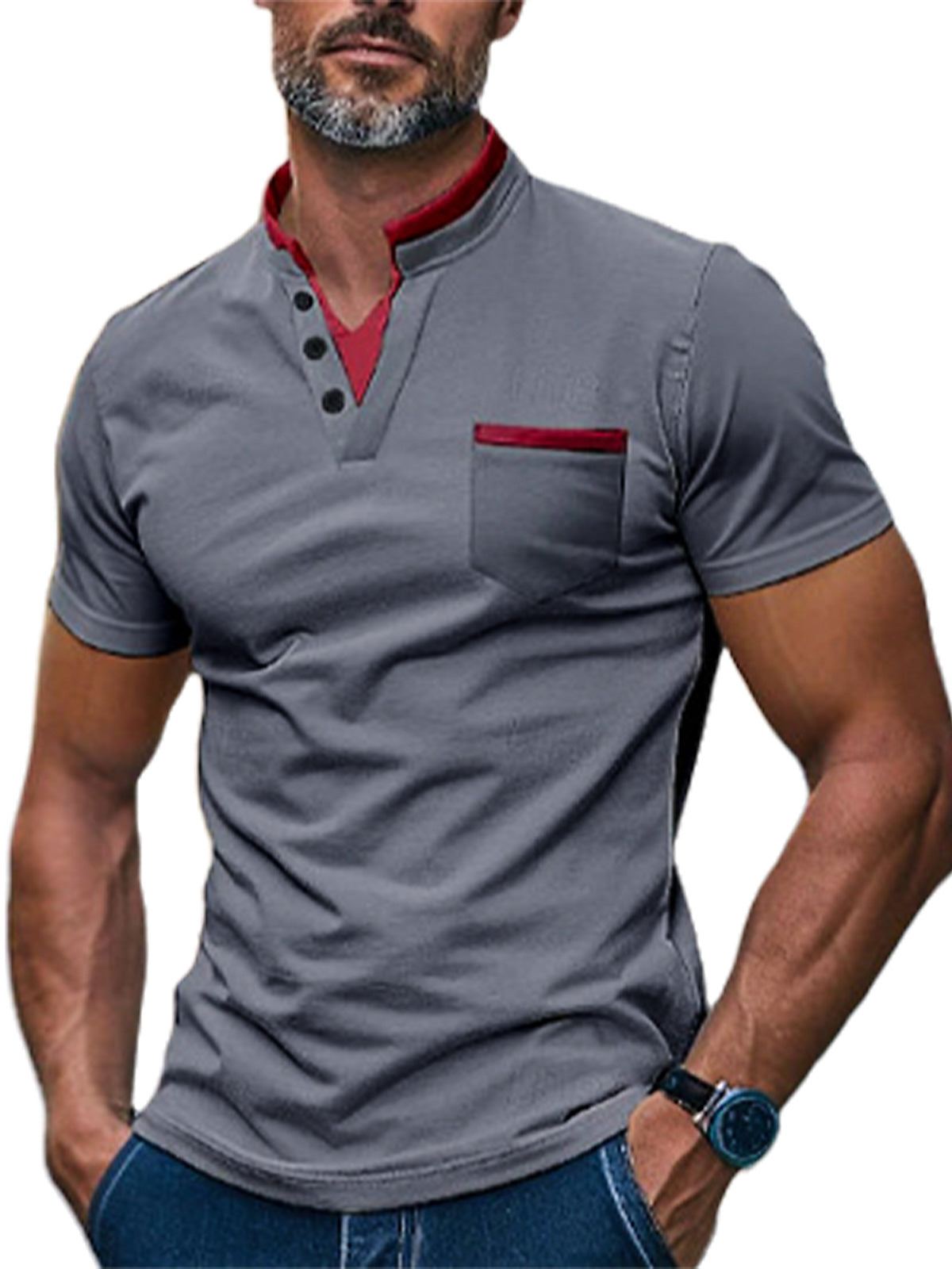 Men's casual cotton stand collar contrast pocket short sleeve polo shirt