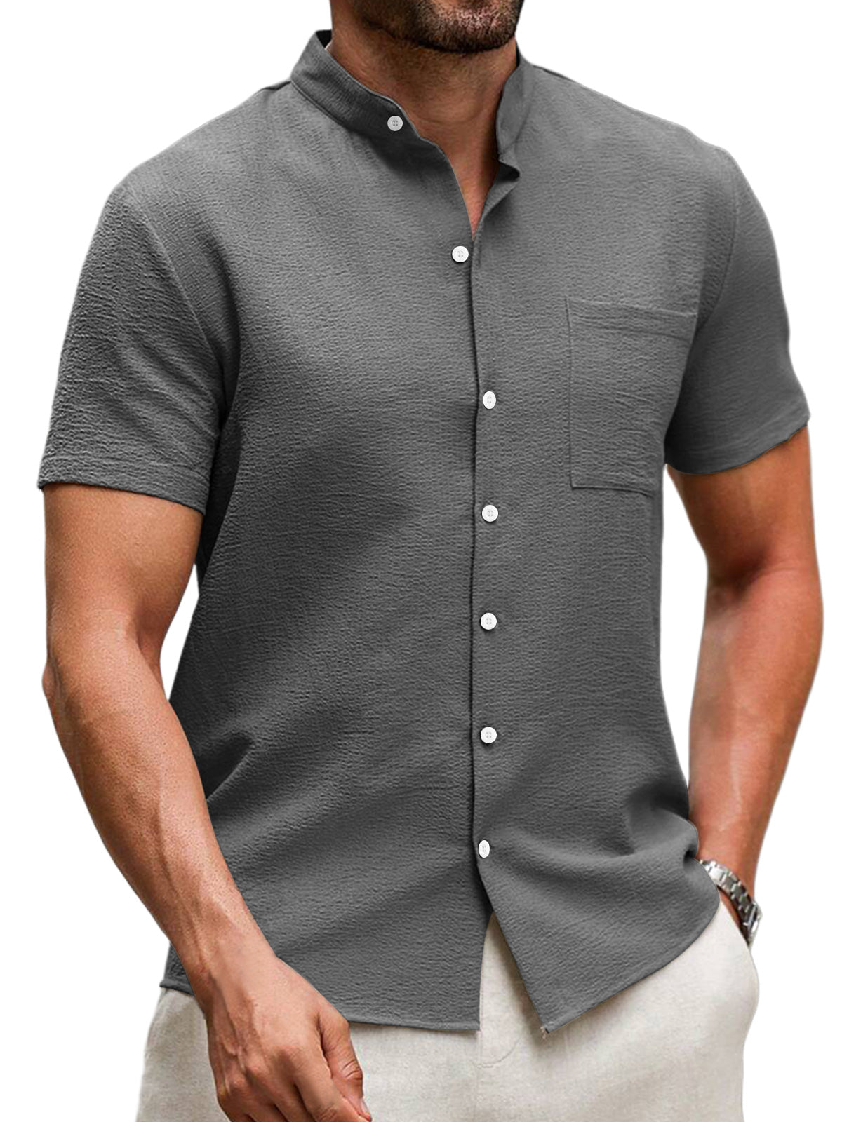 Men's Summer Stand Collar Pleated Pocket Casual Solid Color Short Sleeve Shirt