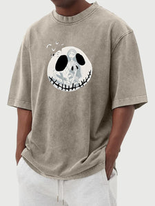 Halloween Retro Washed Ghost Face Printed Cotton Short-Sleeved T-shirt