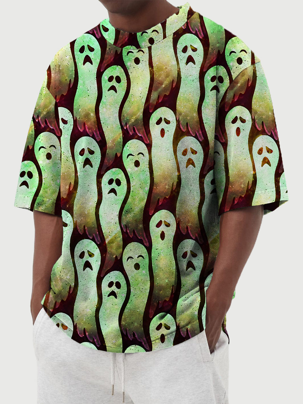 Men's Summer Round Neck Halloween Ghost Print Short Sleeve T-Shirt