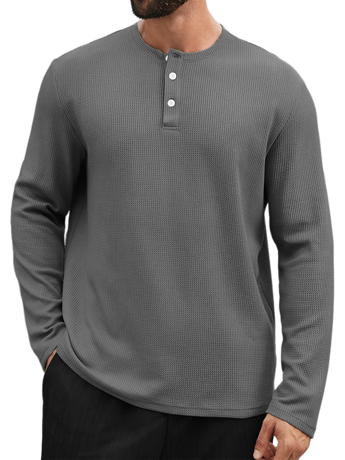 Men's Casual Henley Collar Waffle Solid Color Long Sleeve T-Shirt