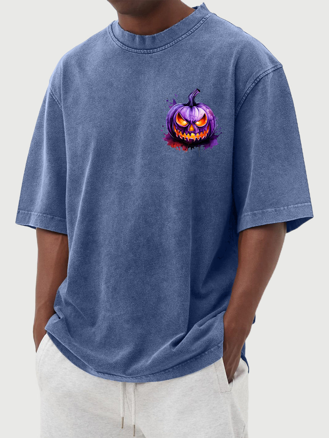 Men's Halloween 100% Cotton Washed and Distressed Watercolor Pumpkin Print Short Sleeve T-Shirt