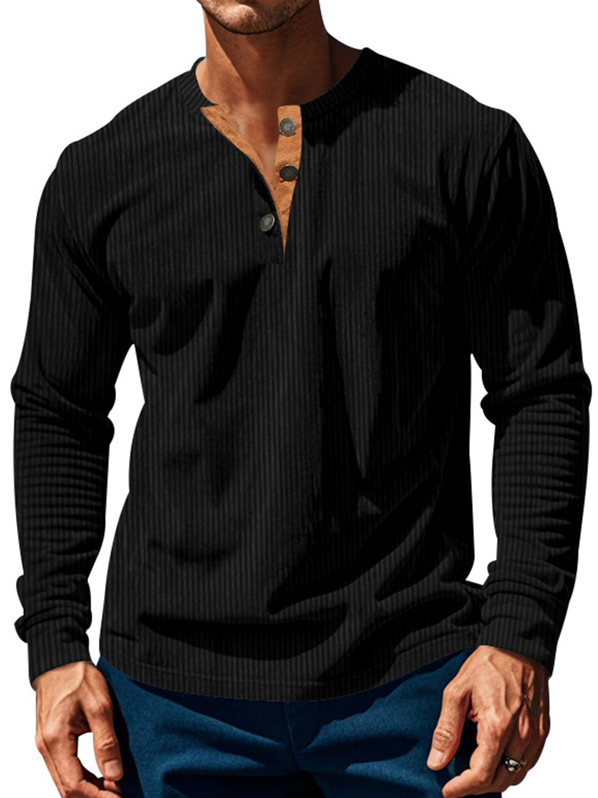 Men's vertical stripe solid color four-button casual and comfortable long-sleeved Henley T-shirt