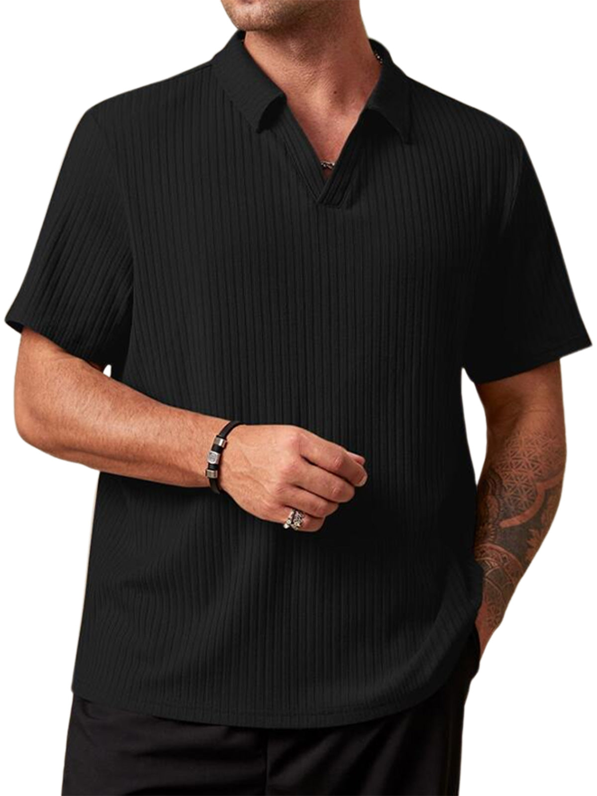 Men's V-neck striped solid color short-sleeved POLO shirt