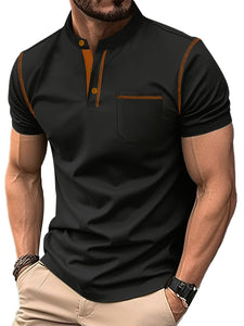 Men's Solid Color Stand Collar Pocket Short Sleeve POLO Shirt