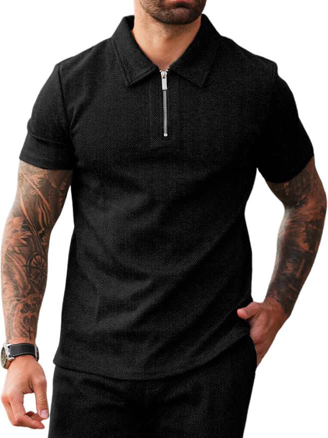 Men's Fashion Textured Zip Short Sleeve Polo Shirt