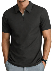 Men's striped solid color zipper lapel short sleeve polo shirt