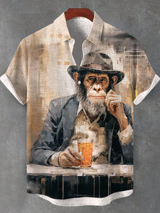 Men's Vintage Monkey Gentleman Drinking Oil Painting Print Shirt