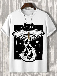 <💯Cotton>Men's UFO Abducts Cat Art Print Cotton Casual T-Shirt