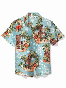 Beach Vacation Tiki Men's Hawaiian Shirt Hula Girl Coconut Tree Pocket Button Shirt Big Tall