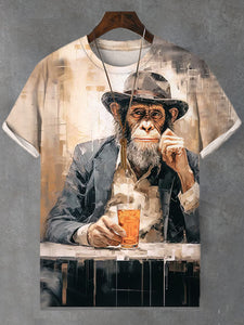 Men's Vintage Monkey Gentleman Drinking Oil Painting Print T-Shirt