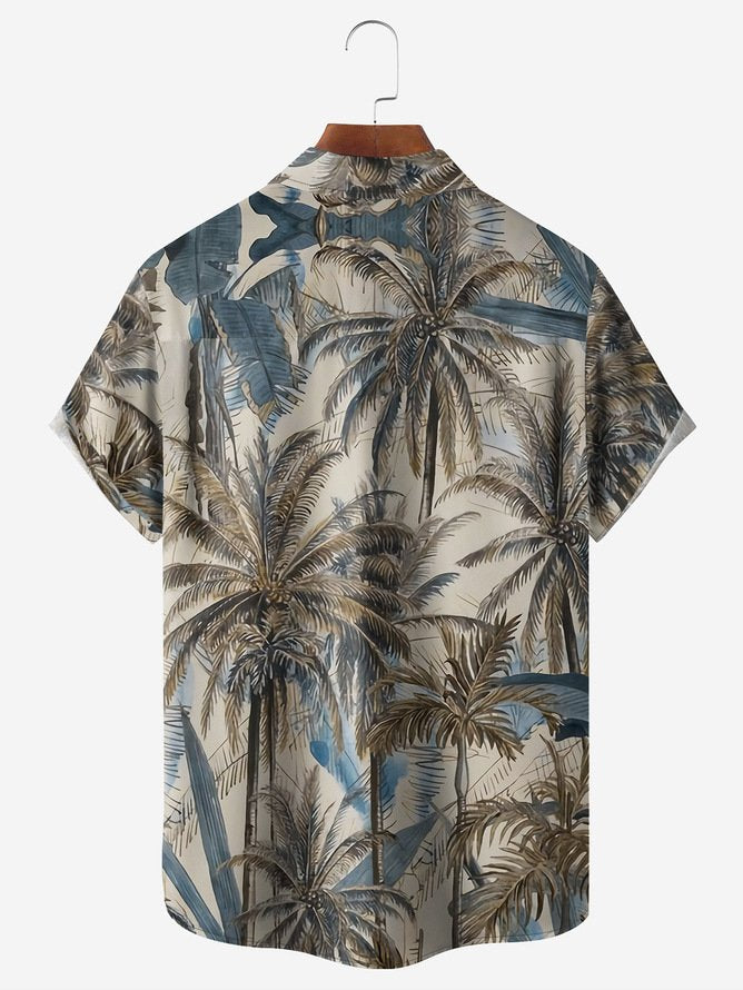 Tall Size Moisture-wicking Palm Tree Chest Pocket Hawaiian Shirt