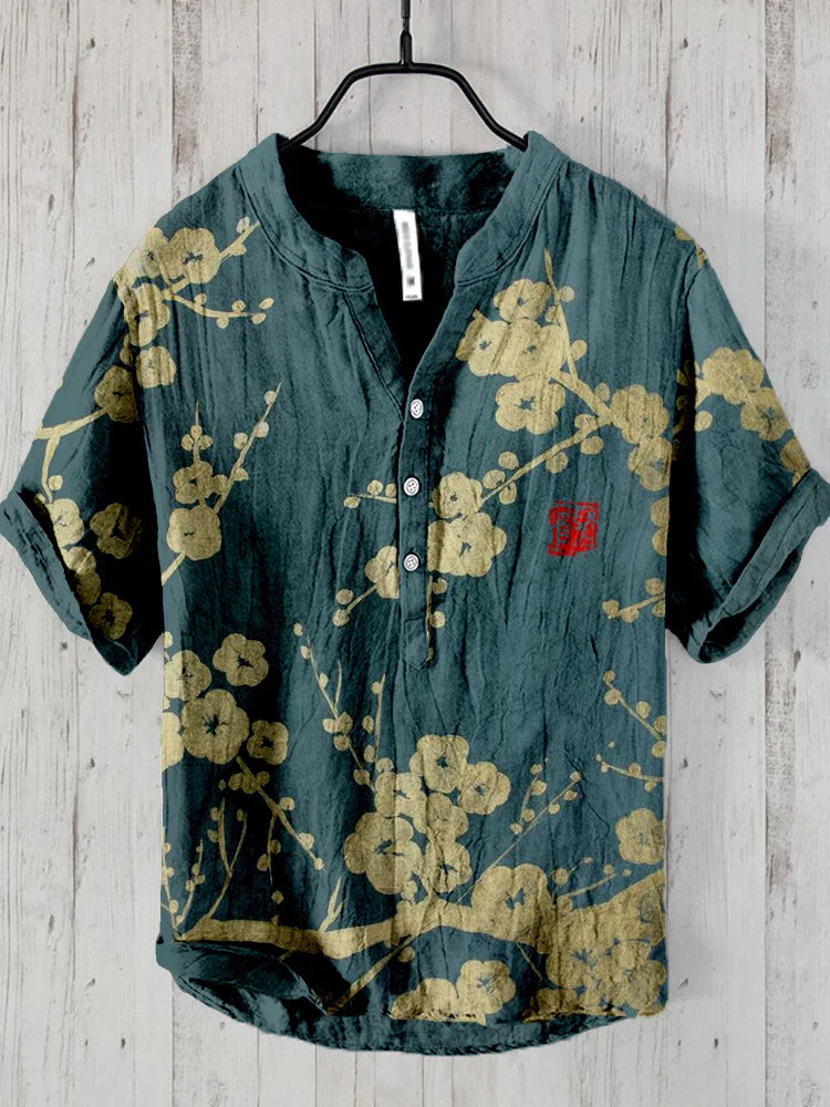 Men's Retro Plum Blossom Japanese Art Print Linen Blend Shirt