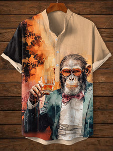 Men's Vintage Monkey Gentleman Whiskey Oil Painting Half Button Linen Blend Shirt