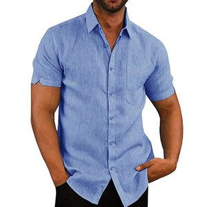 Men's Lapel Solid Color Short Sleeve Button Linen Shirt 76966962M