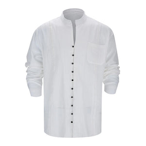 Men's Casual Solid Color Linen Stand-Up Collar Buttoned Long-Sleeved Shirt 15650253M