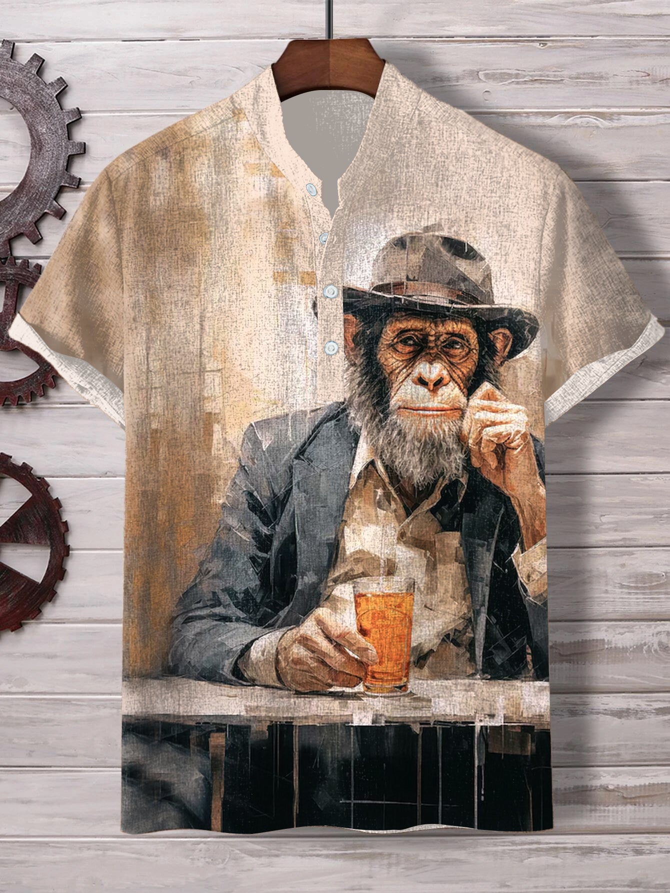 Men's Retro Monkey Gentleman Drinking Oil Painting Print Shirt