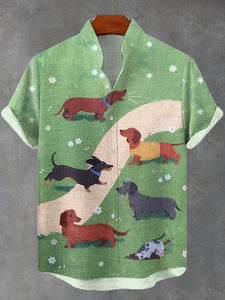 Men's Boho Fun Dachshund Park Art Print Linen Blend Shirt