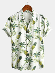 Men's Hawaii Floral Pineapple Tropical Fruit Printed Cotton Shirt