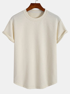 Short Sleeve Stripe Jacquard Arc Hem T-Shirt