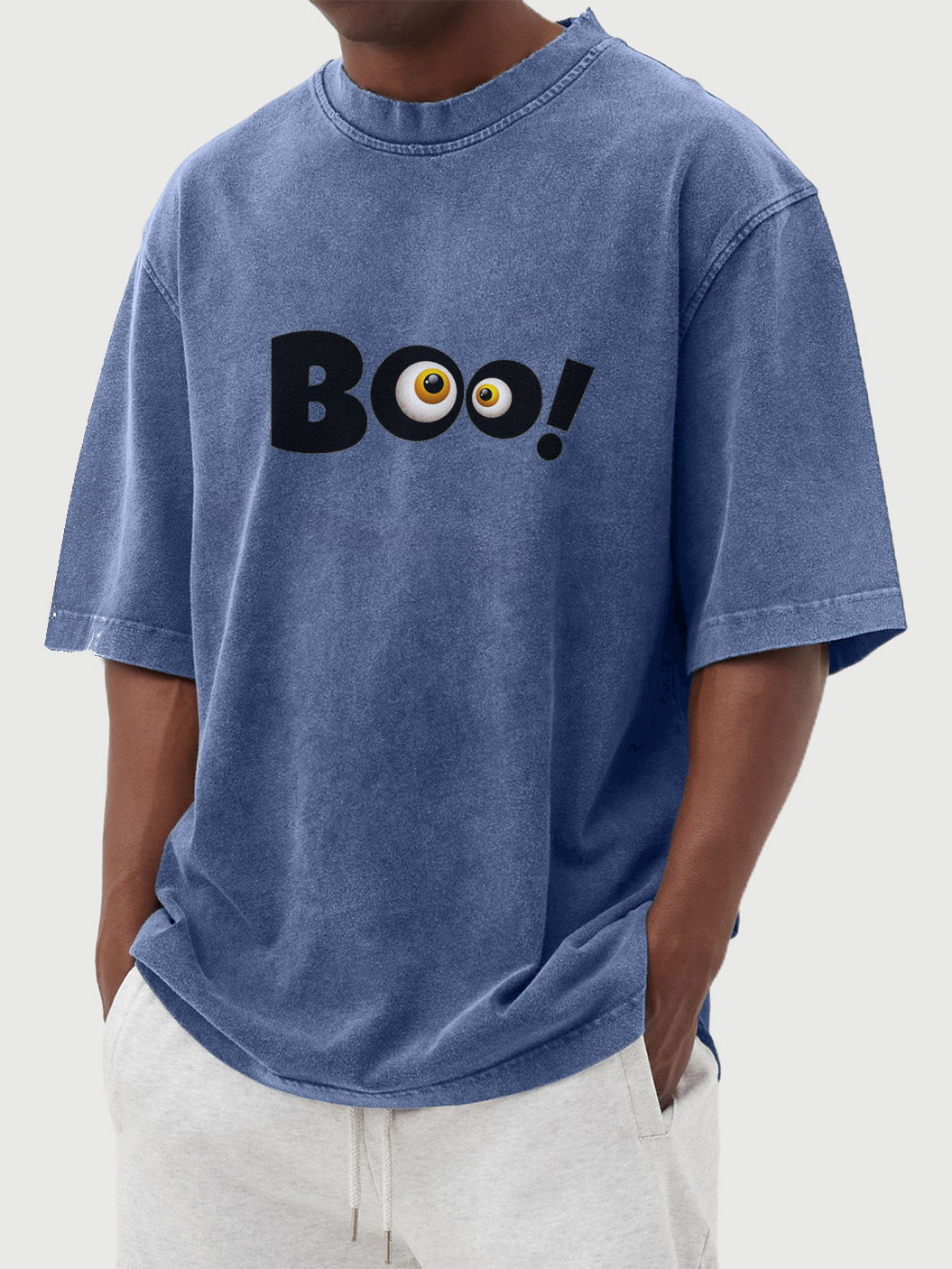 Men's Retro Solid Color Halloween Fun Boo Printed Washed Cotton Short-sleeved T-shirt