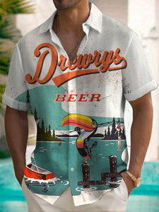 Beer Parrot Fishing Print Men's Button Pocket Short Sleeve Shirt