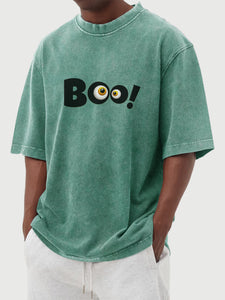 Men's Retro Solid Color Halloween Fun Boo Printed Washed Cotton Short-sleeved T-shirt