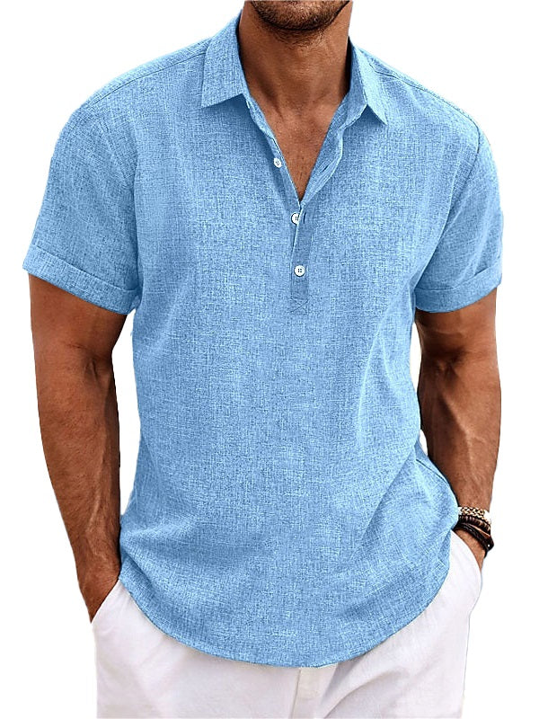 Men's Cotton Linen Solid Color Pullover Button Hawaiian Daily Casual Short Sleeve Shirt