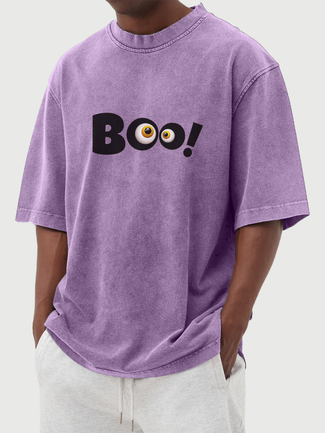 Men's Retro Solid Color Halloween Fun Boo Printed Washed Cotton Short-sleeved T-shirt