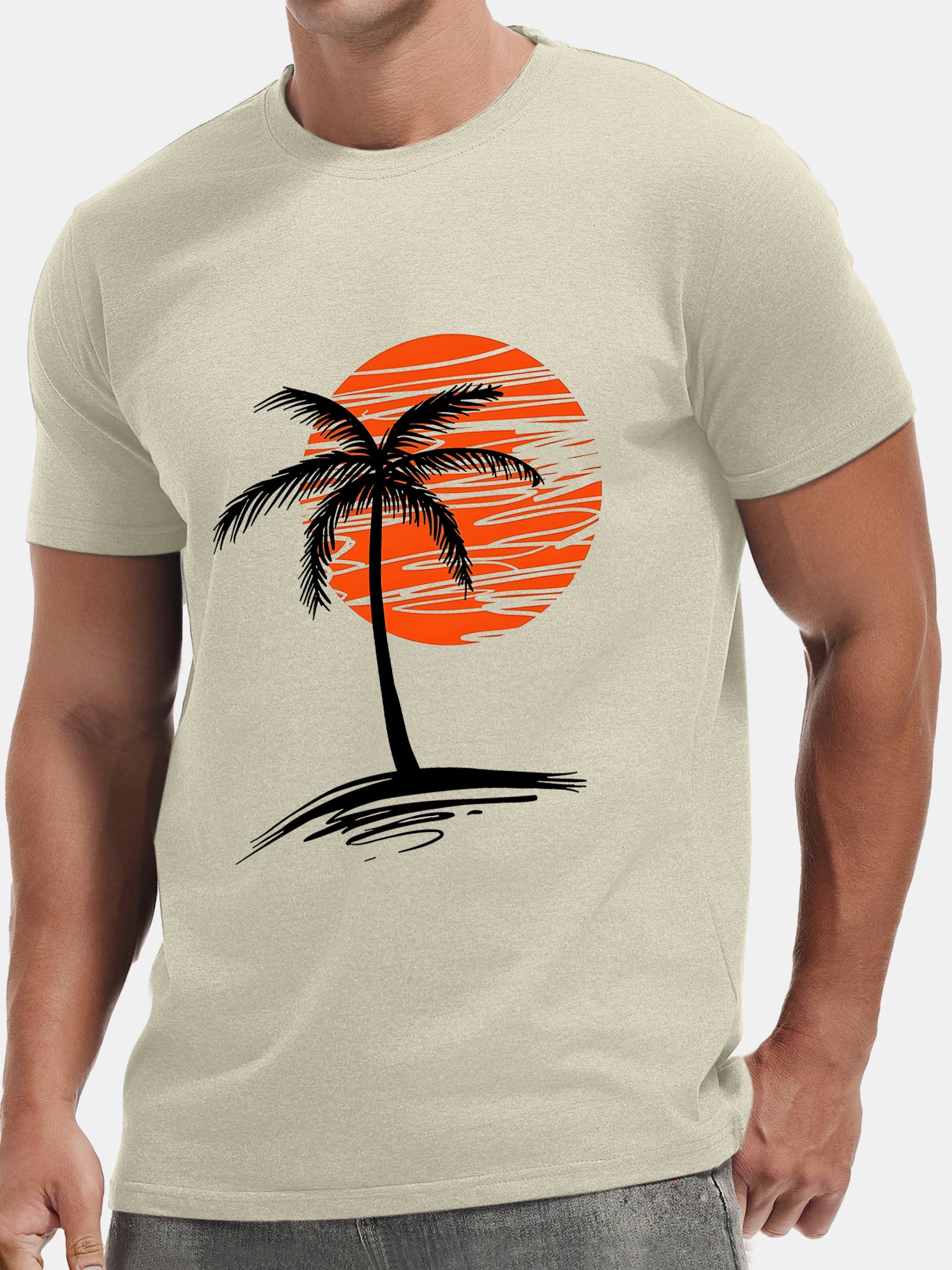 Men's Hawaiian Palm Tree Sunset Cotton Casual Comfortable Loose Short Sleeve T-Shirt