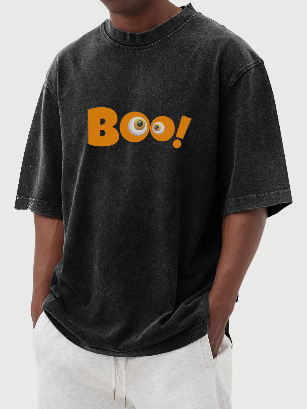 Men's Retro Solid Color Halloween Fun Boo Printed Washed Cotton Short-sleeved T-shirt