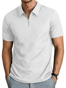 Men's striped solid color zipper lapel short sleeve polo shirt