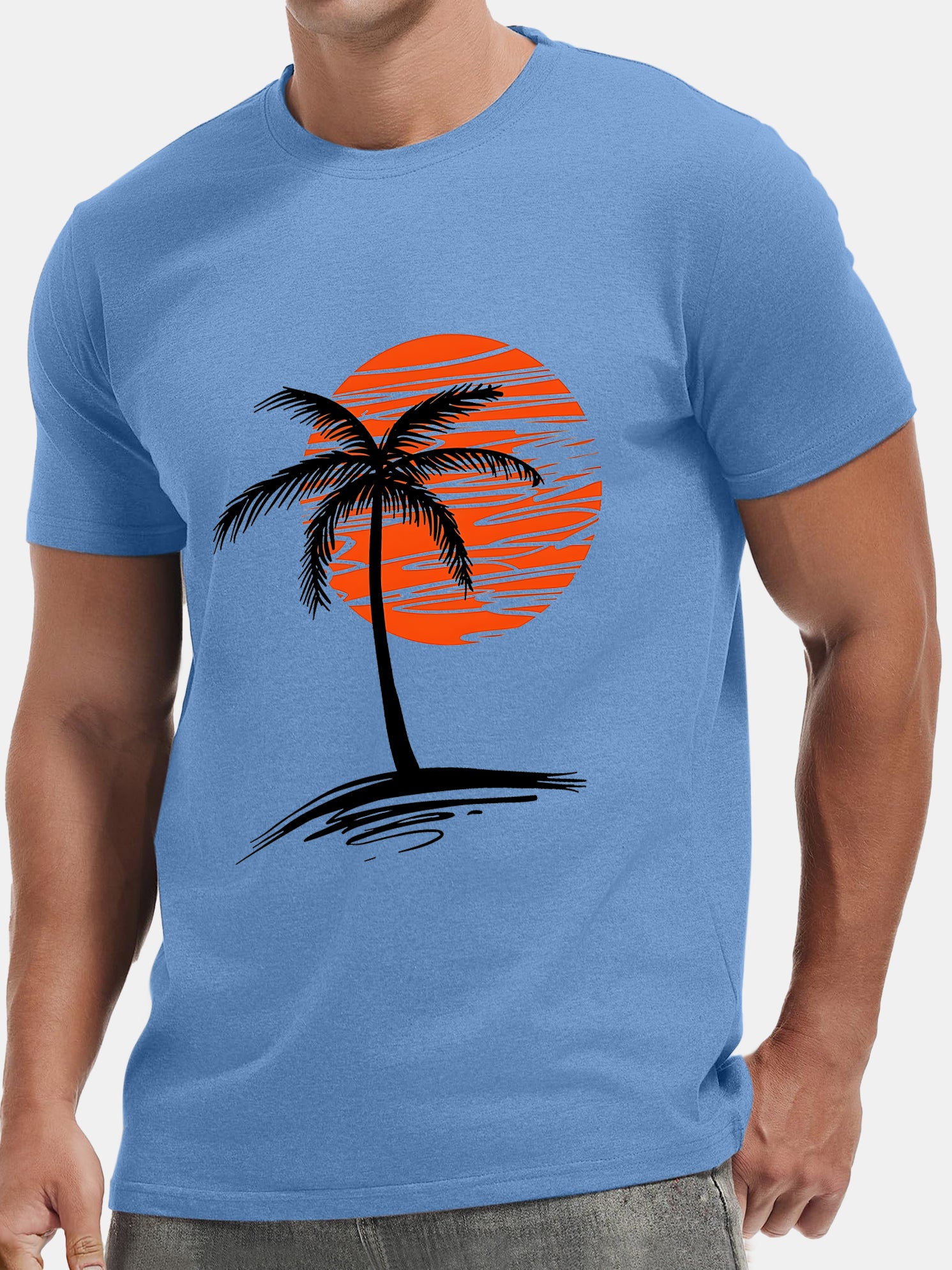 Men's Hawaiian Palm Tree Sunset Cotton Casual Comfortable Loose Short Sleeve T-Shirt