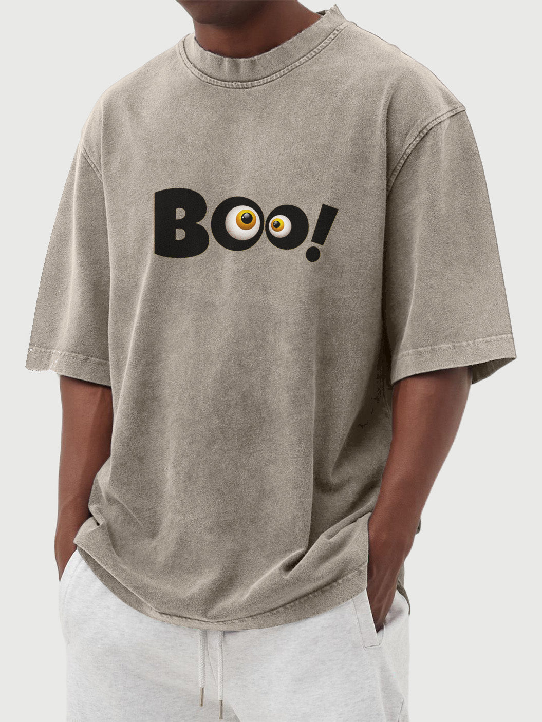 Men's Retro Solid Color Halloween Fun Boo Printed Washed Cotton Short-sleeved T-shirt