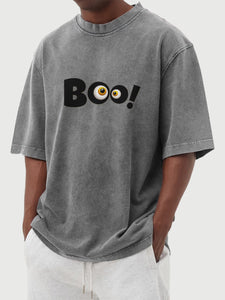 Men's Retro Solid Color Halloween Fun Boo Printed Washed Cotton Short-sleeved T-shirt