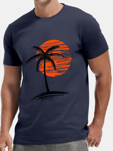 Men's Hawaiian Palm Tree Sunset Cotton Casual Comfortable Loose Short Sleeve T-Shirt