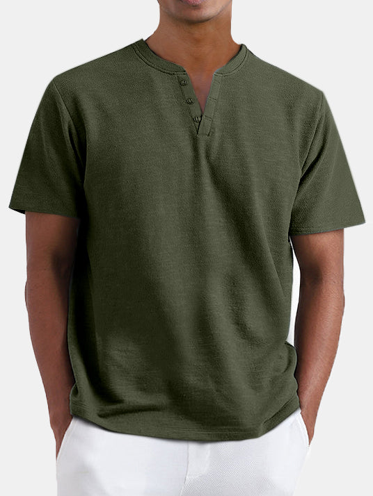 Men's Summer Solid Color Henley Short Sleeve T-shirt