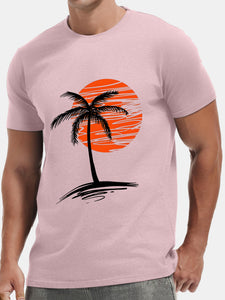 Men's Hawaiian Palm Tree Sunset Cotton Casual Comfortable Loose Short Sleeve T-Shirt