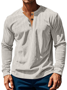 Men's vertical stripe solid color four-button casual and comfortable long-sleeved Henley T-shirt