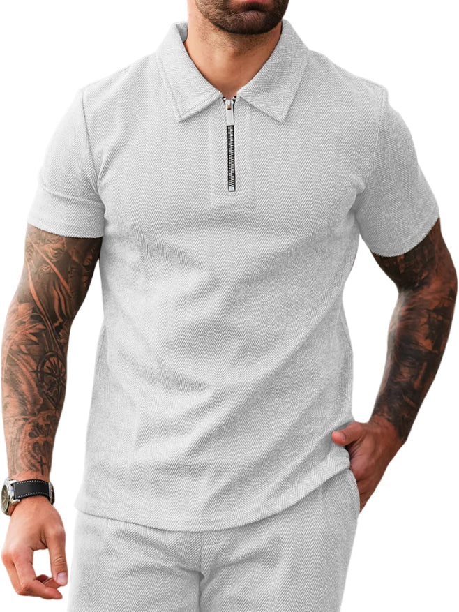 Men's Fashion Textured Zip Short Sleeve Polo Shirt