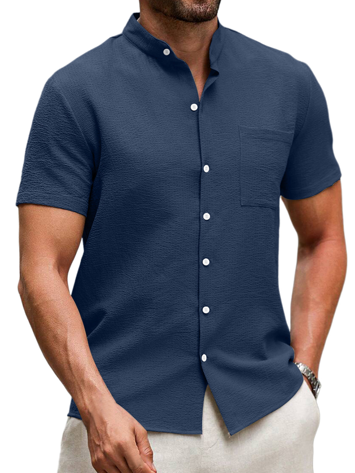 Men's Summer Stand Collar Pleated Pocket Casual Solid Color Short Sleeve Shirt