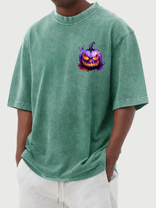 Men's Halloween 100% Cotton Washed and Distressed Watercolor Pumpkin Print Short Sleeve T-Shirt