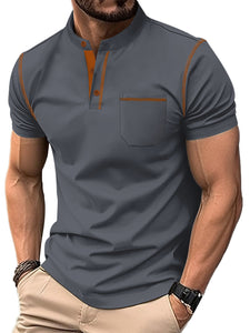 Men's Solid Color Stand Collar Pocket Short Sleeve POLO Shirt